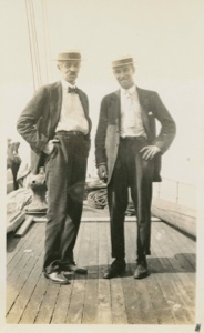 Image of George Borup and father on forward deck of Roosevelt the day we sail